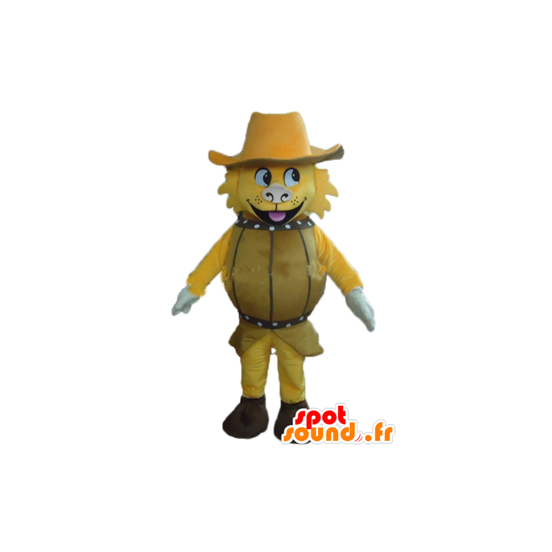 Yellow Dog Mascot, en un barril, con un sombrero - MASFR24381 - Mascotas perro