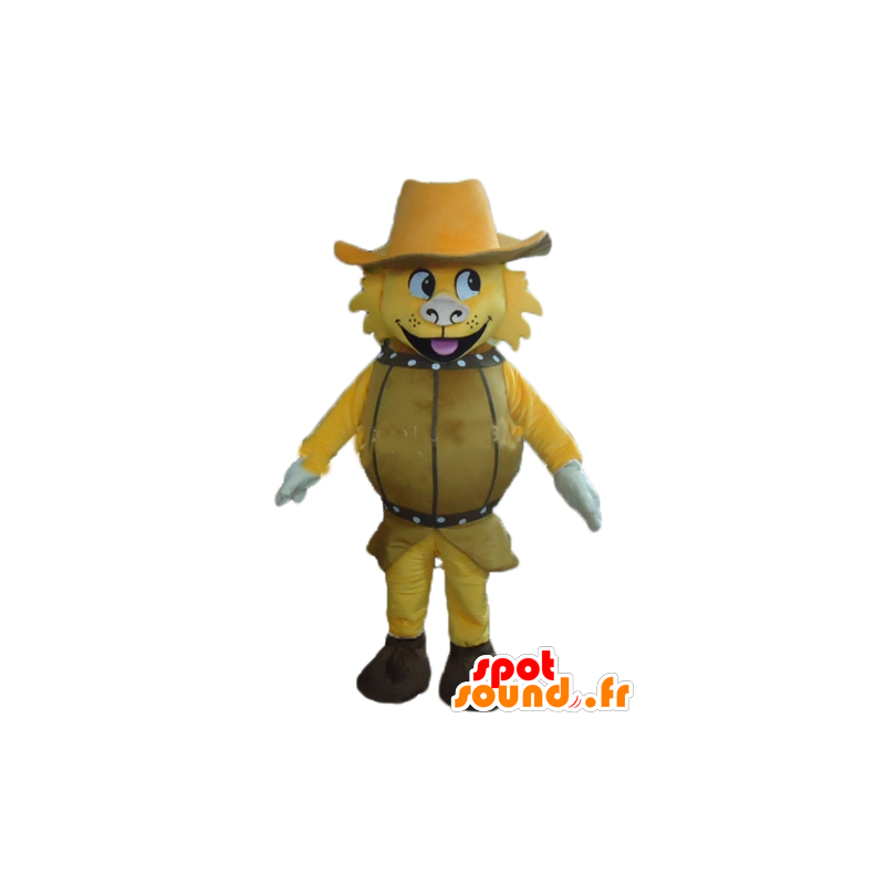 Yellow Dog Mascot, in a barrel, with a hat - MASFR24381 - Dog mascots