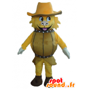 Yellow Dog Mascot, en un barril, con un sombrero - MASFR24381 - Mascotas perro