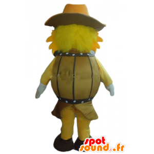 Yellow Dog Mascot, en un barril, con un sombrero - MASFR24381 - Mascotas perro