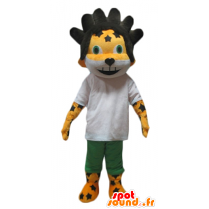 Mascotte de lionceau jaune et blanc, de tigre, aux cheveux noirs - MASFR24426 - Mascottes Lion