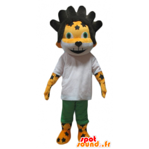 Mascot yellow and white lion, tiger, black hair - MASFR24426 - Lion mascots