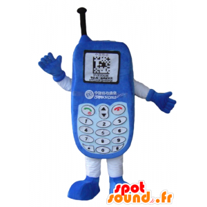 Blue cell phone mascot, with a keyboard