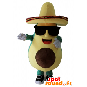 Kæmpe avocado maskot, grøn og gul, med en sombrero - Spotsound
