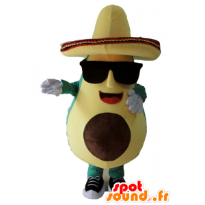 Mascot reus avocado, groen en geel, met een sombrero - MASFR24452 - Vegetable Mascot