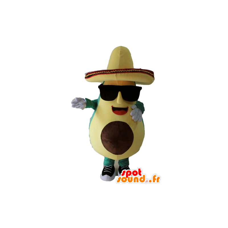 Mascot reus avocado, groen en geel, met een sombrero - MASFR24452 - Vegetable Mascot