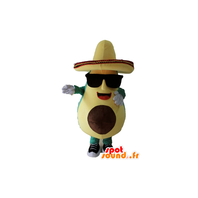 Mascotte avocado gigante, verde e giallo, con un sombrero - MASFR24452 - Mascotte di verdure