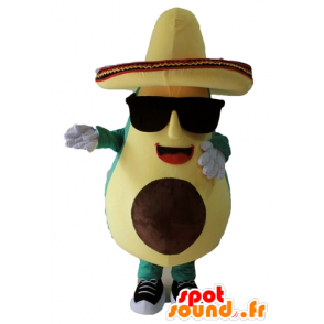 Mascotte avocado gigante, verde e giallo, con un sombrero - MASFR24452 - Mascotte di verdure