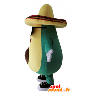 Mascotte avocado gigante, verde e giallo, con un sombrero - MASFR24452 - Mascotte di verdure