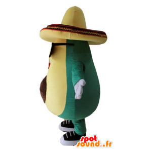Kæmpe avocado maskot, grøn og gul, med en sombrero - Spotsound