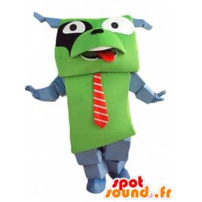 Mascotte de chien vert et gris, géant et drôle, avec une cravate - MASFR24458 - Mascottes de chien