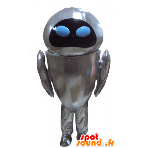 Metallisk grå robotmaskot med blå ögon