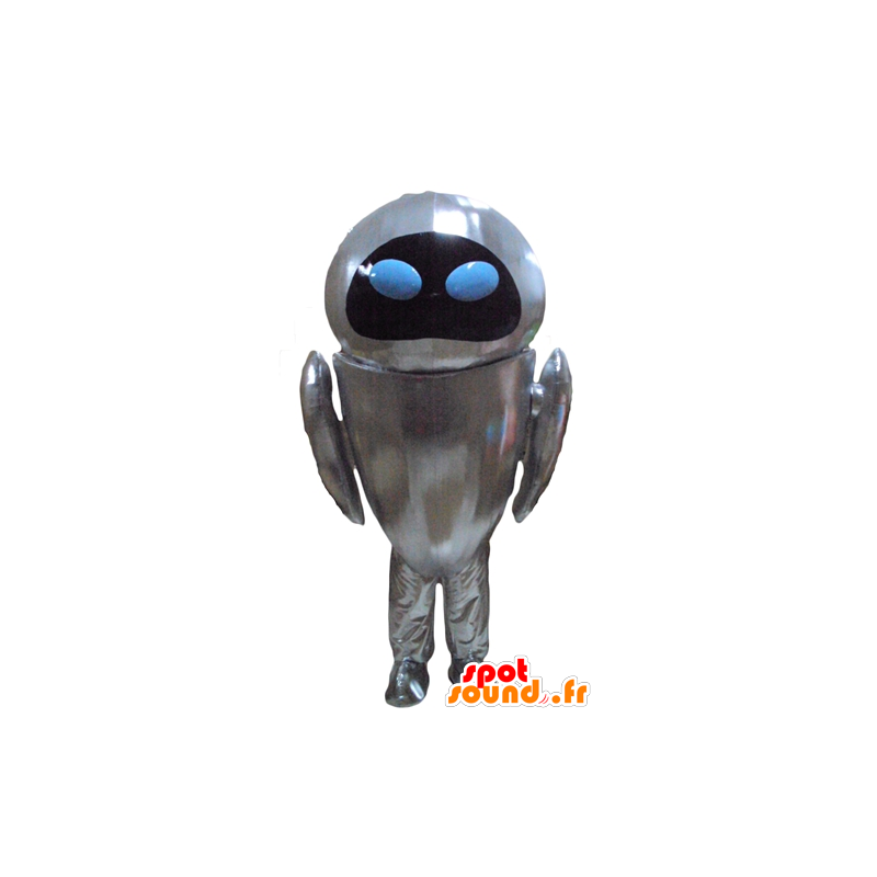 Metallisk grå robotmaskot med blå ögon - Spotsound maskot