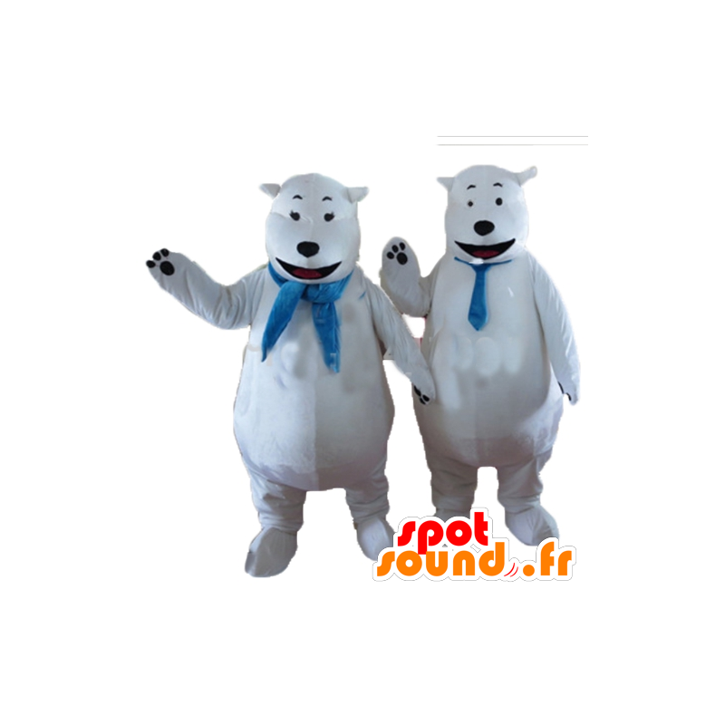 青いスカーフが付いた2つのホッキョクグマのマスコット-MASFR24469-クマのマスコット