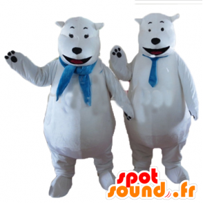 2 mascottes d'ours blancs avec une écharpe bleue - MASFR24469 - Mascotte d'ours