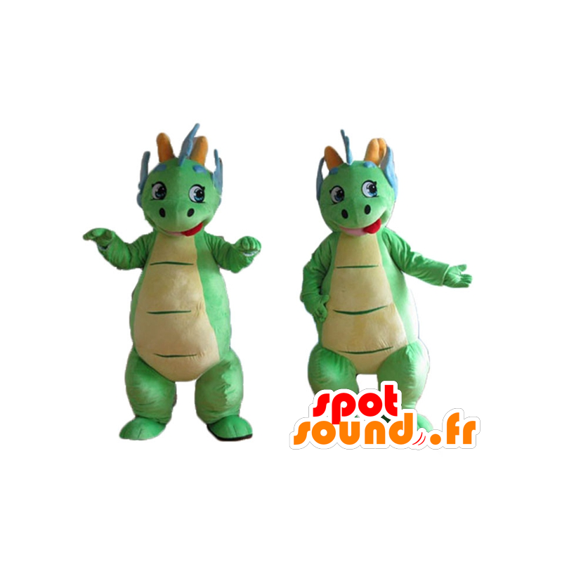 2 mascottes de dinosaures verts et bleus, mignons et colorés - MASFR24471 - Mascottes Dinosaure