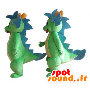 2 mascottes de dinosaures verts et bleus, mignons et colorés - MASFR24471 - Mascottes Dinosaure