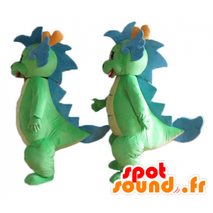 2 maskoti zelené a modré barevné dinosauři a roztomilý - MASFR24471 - Dinosaur Maskot