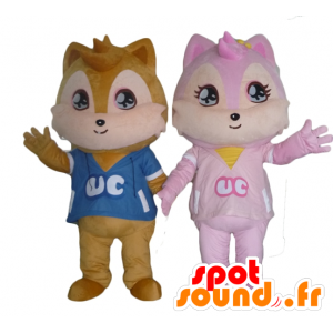 2 mascotes esquilos, um castanhos e uma cor de rosa - MASFR24472 - mascotes Squirrel