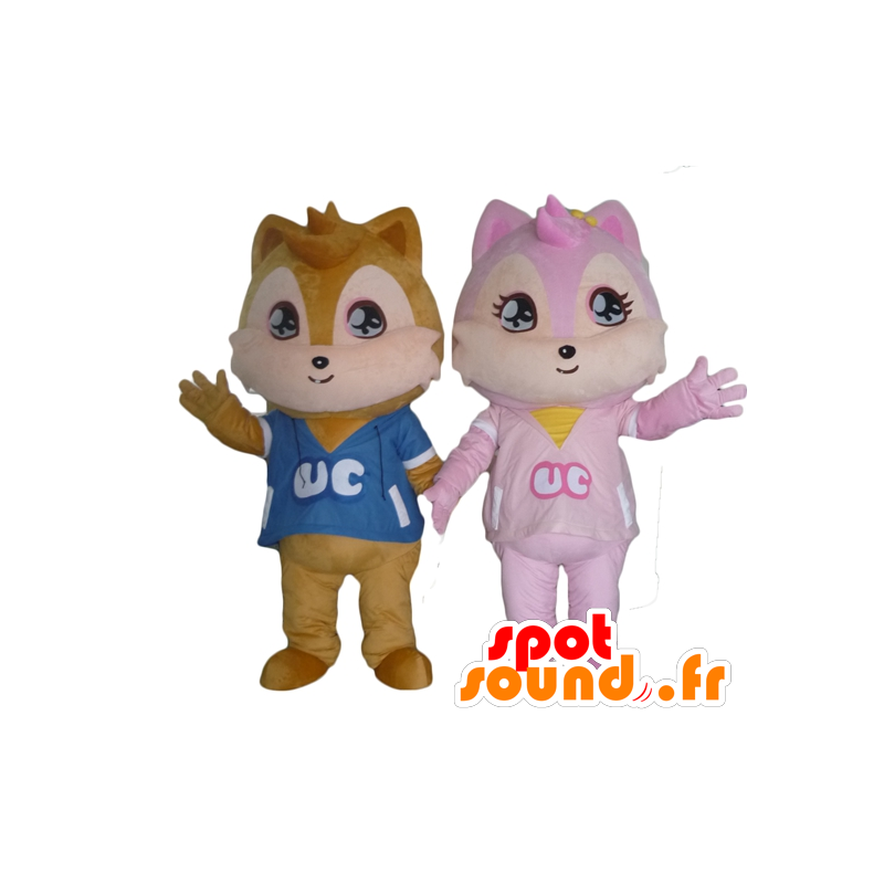 2 mascotes esquilos, um castanhos e uma cor de rosa - MASFR24472 - mascotes Squirrel