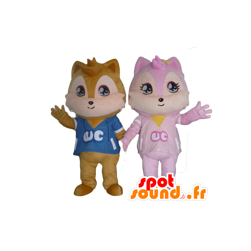 2 mascottes d'écureuils, l'un marron, l'autre rose - MASFR24472 - Mascottes Ecureuil