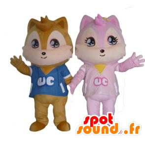 2 mascotes esquilos, um castanhos e uma cor de rosa - MASFR24472 - mascotes Squirrel