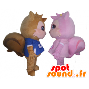 2 mascotes esquilos, um castanhos e uma cor de rosa - MASFR24472 - mascotes Squirrel