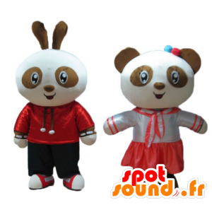 2 pets, a rabbit and a panda, brown and white, smiling - MASFR24475 - Mascot of pandas