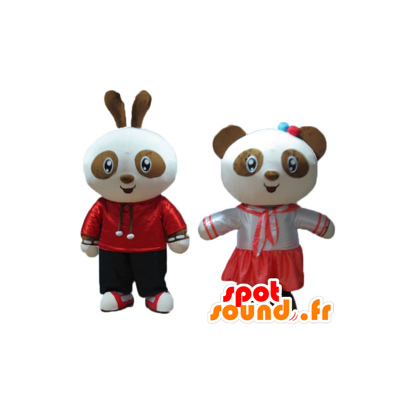 2 mascottes, un lapin et un panda, marron et blancs, souriants - MASFR24475 - Mascotte de pandas