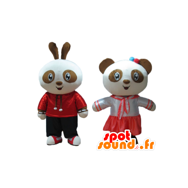 2 pets, a rabbit and a panda, brown and white, smiling - MASFR24475 - Mascot of pandas