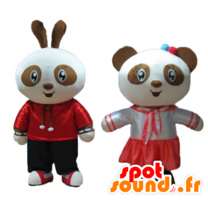 2 mascotas, un conejo y un oso panda, marrón y blanco, sonriendo - MASFR24475 - Mascota de los pandas
