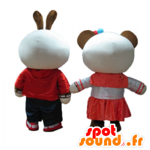 2 mascottes, un lapin et un panda, marron et blancs, souriants - MASFR24475 - Mascotte de pandas