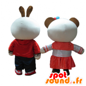 2 mascottes, un lapin et un panda, marron et blancs, souriants - MASFR24475 - Mascotte de pandas