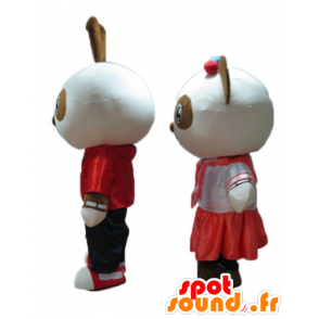 2 huisdieren, een konijn en een panda, bruin en wit, glimlachend - MASFR24475 - Mascot panda's