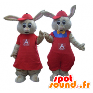 2 maskoter brune kaniner, kledd i rødt - MASFR24476 - Mascot kaniner