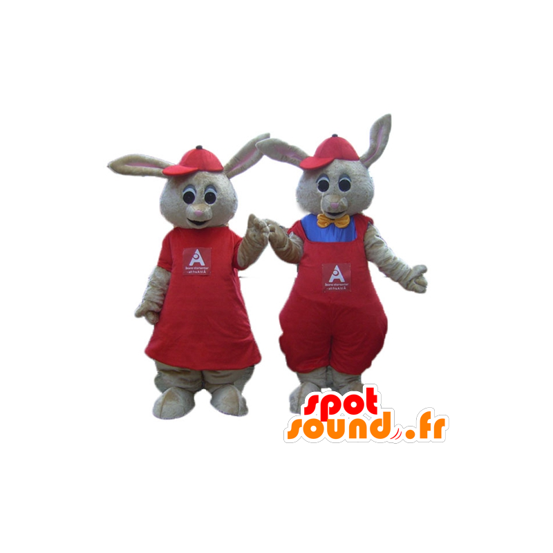 2 braun Hasen-Maskottchen in rot gekleidet - MASFR24476 - Hase Maskottchen