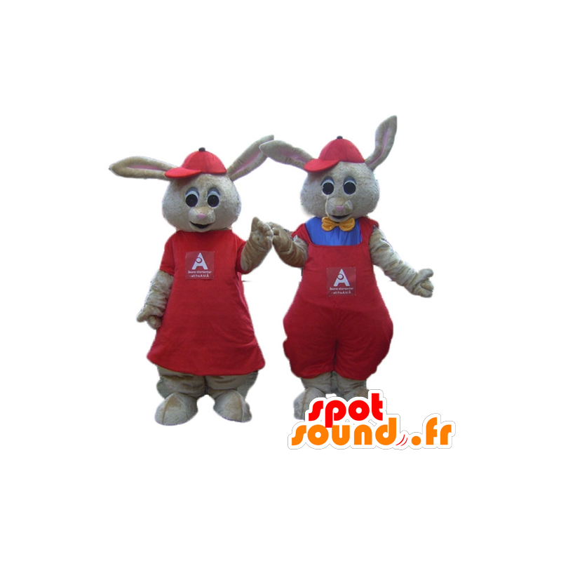 2 brown bunnies mascots dressed in red - MASFR24476 - Rabbit mascot