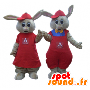 2 mascottes de lapins marron, habillés en rouge - MASFR24476 - Mascotte de lapins