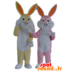 2 mascottes de lapins, un jaune et blanc, et un rose et blanc - MASFR24477 - Mascotte de lapins