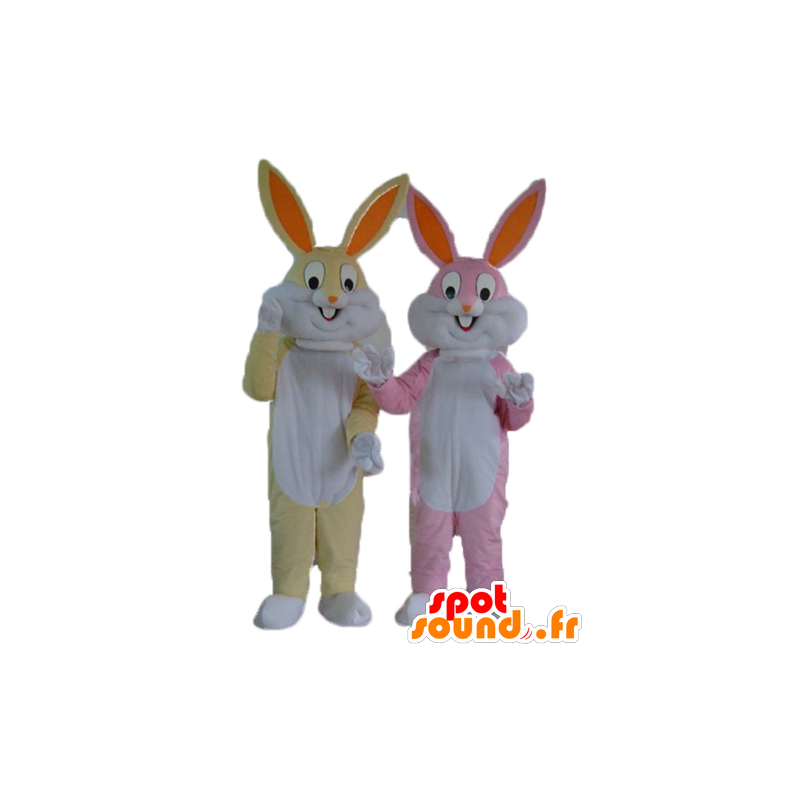 2 rabbits mascot, yellow and white, and pink and white - MASFR24477 - Rabbit mascot