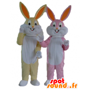 2 mascottes de lapins, un jaune et blanc, et un rose et blanc - MASFR24477 - Mascotte de lapins