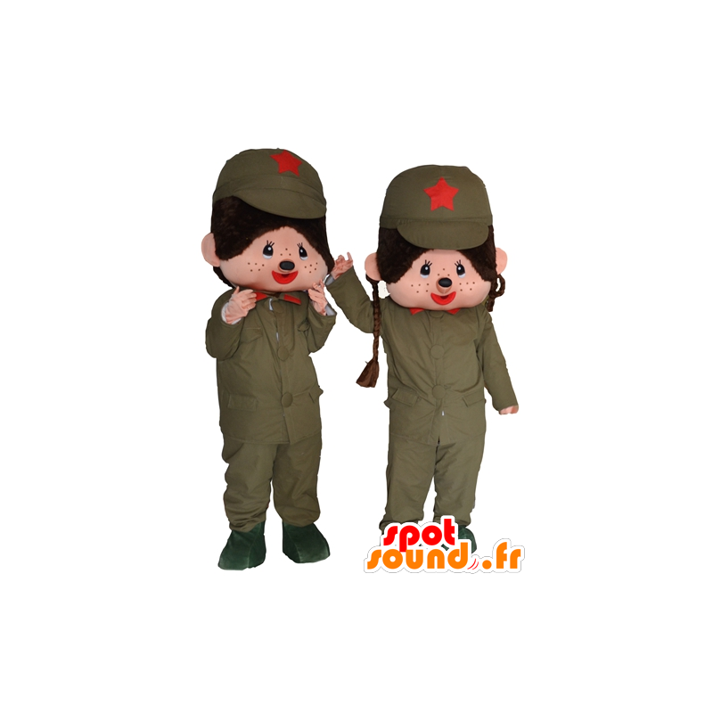 2 Maskottchen Kiki der berühmten ausgestopften Affen in Militär - MASFR24478 - Maskottchen berühmte Persönlichkeiten