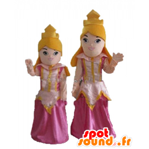 2 mascotes Princesa loura no vestido rosa - MASFR24482 - Mascotes humanos