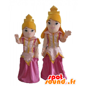 2 mascots blonde princesses in pink dress - MASFR24482 - Human mascots