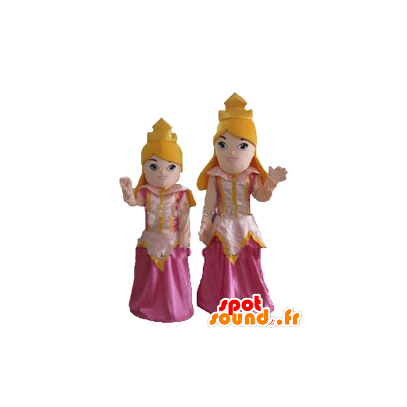 2 mascotes Princesa loura no vestido rosa - MASFR24482 - Mascotes humanos