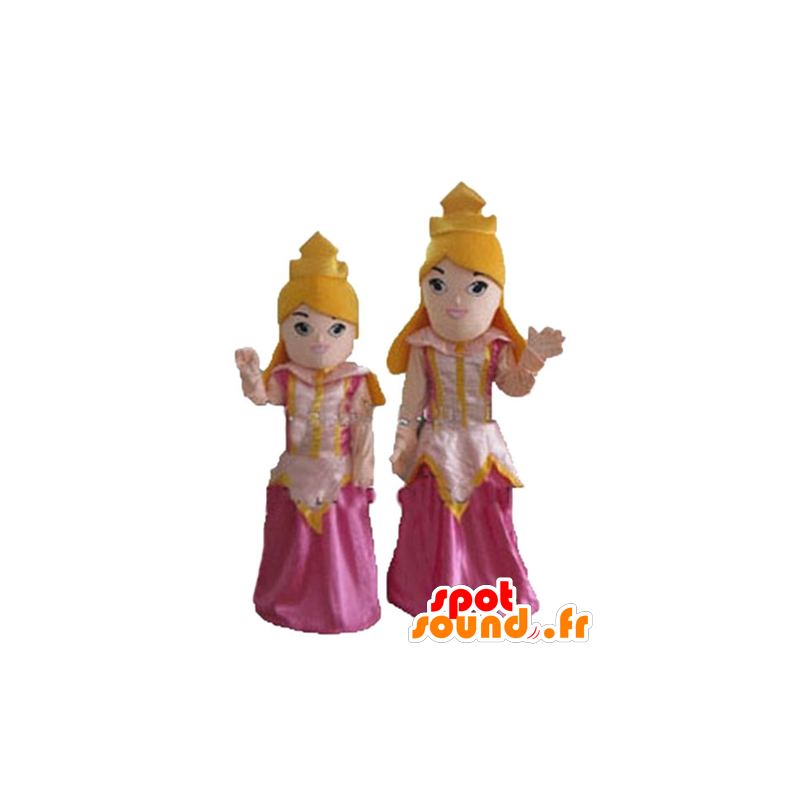 2 maskotar av blonda prinsessor, i rosa klänningar - Spotsound