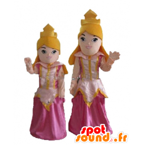 2 mascottes de princesses blondes, en robe rose - MASFR24482 - Mascottes Humaines