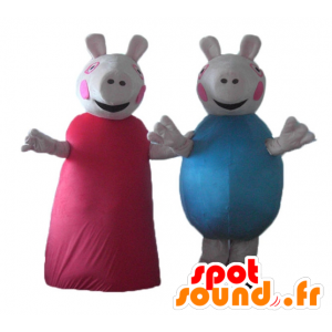 2 grise maskotter, den ene i en rød kjole, den anden i blå -