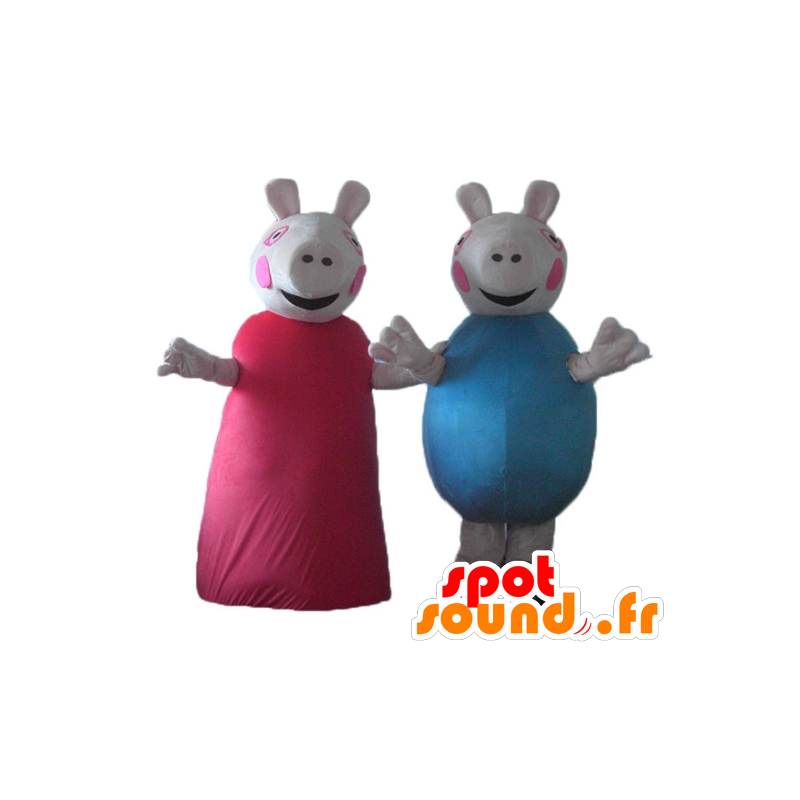 2 mascotes porcos, um vestido em vermelho, o azul em outros - MASFR24485 - mascotes porco