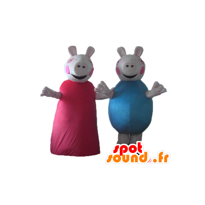 2 maskoter griser, en i rød kjole, den andre i blått - MASFR24485 - Pig Maskoter